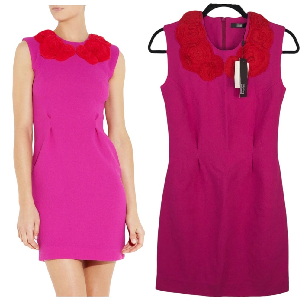 🆕 Markus Lupfer Fuchsia Pink Rosette Embellished Wool Crepe Dress